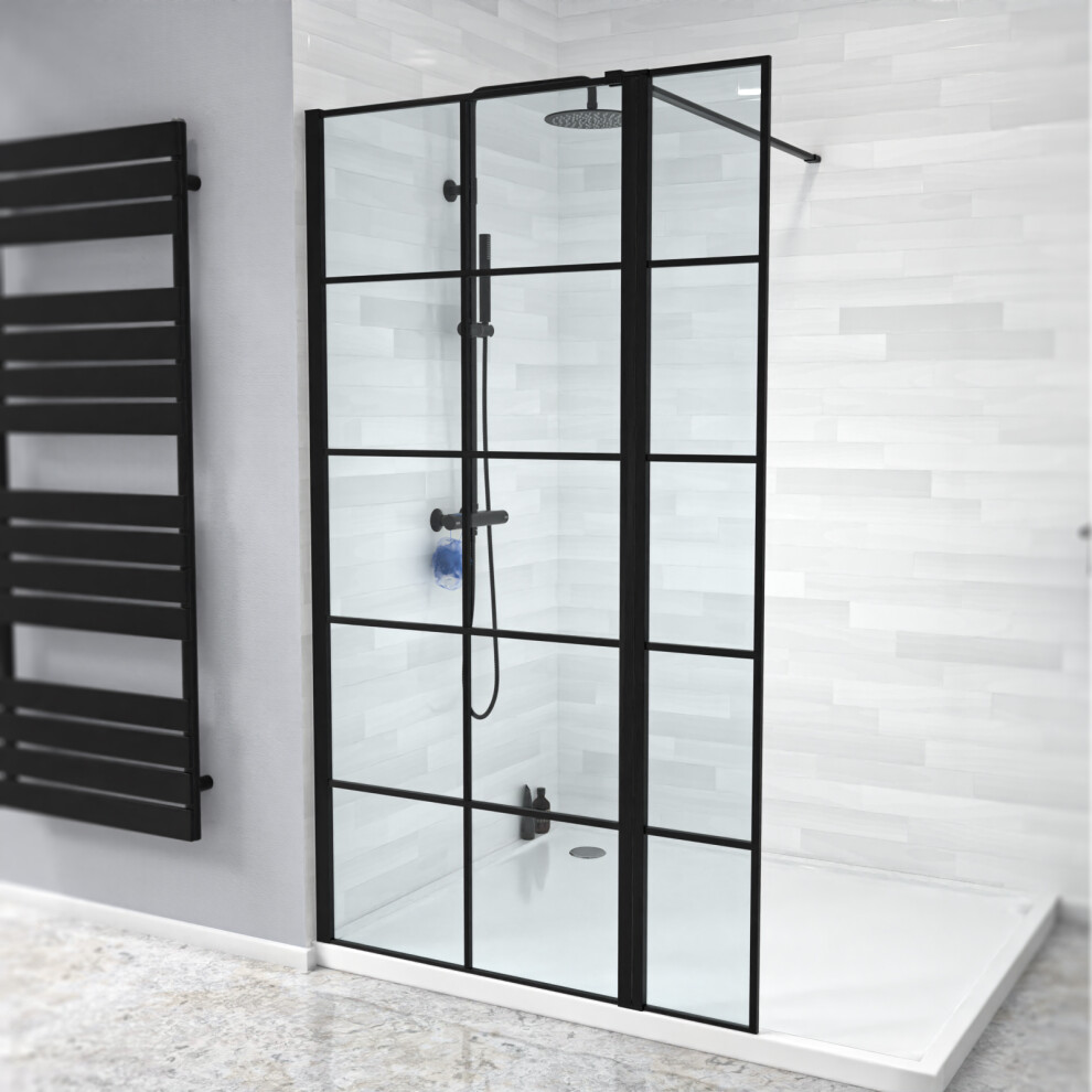 Nes Home Black Grid 800mm Shower Screen 8mm Tempered Glass With 300mm Return Panel-image-OPC-PFC5ZDS-NEW