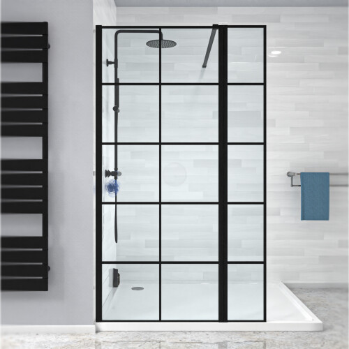 NES Home Nes Home Black Grid 800mm Shower Screen 8mm Tempered Glass With 300mm Return Panel 2