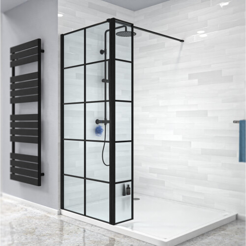 NES Home Nes Home Black Grid 800mm Shower Screen 8mm Tempered Glass With 300mm Return Panel 1