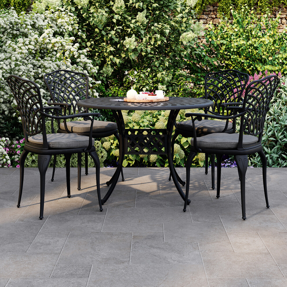 Charles Bentley Cast Aluminium Dining Round Table and 4 Chairs Set in Black Outdoor Table with Dark Grey Cushions