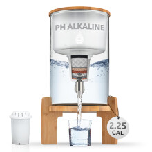 pH Recharge Glass Alkaline Countertop Water Filter Dispenser - 2.25 Gallons Jug - Removes Fluoride Chlorine & Impurities - Improves Water pH - Clean