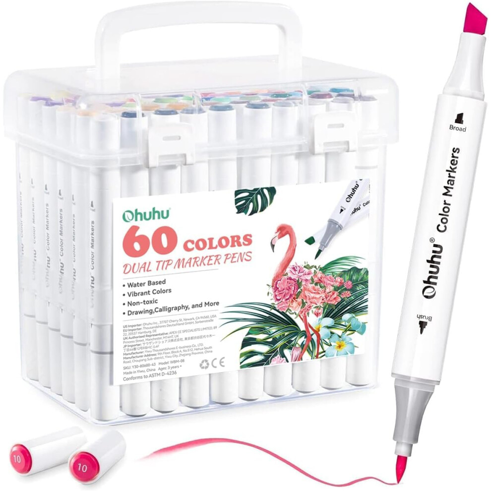 Ohuhu Water-Based Markers 60 Colours, Dual Tip Colouring Pens For Anime And Manga, Sketching, Drawing, Art Markers Set With 1 Colourless Blender And