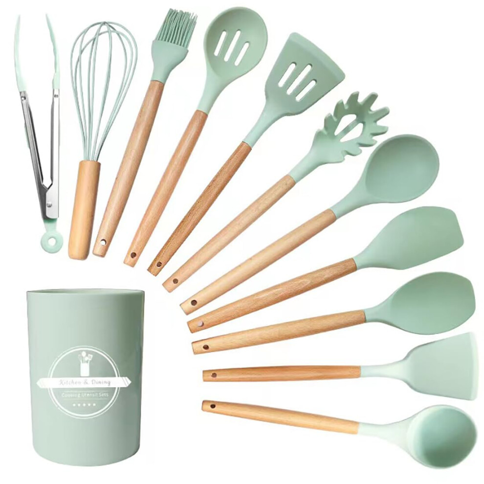Gjie Kitchen Utensil Set, 12 Pcs Silicone Cooking Utensils Set With Wooden Handle, Heat Resistant, Nonstick Cookware Tongs Spatula Spoon Set,