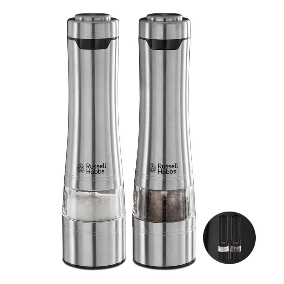 Russell Hobbs Stainless Steel Electric Salt & Pepper Mill Set with adjustable ceramic grinder heads for fine or coarse grinding, Battery operated,