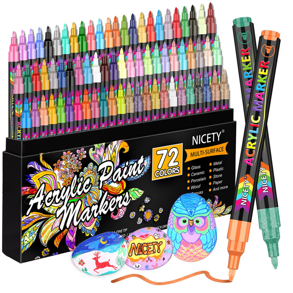 Nicety Acrylic Paint Pens Set - 72 Colours Paint Markers For Rock Painting Stone Glass Ceramic Wood Metal Fabric - 0.7Mm Extra Fine Tip Water Based