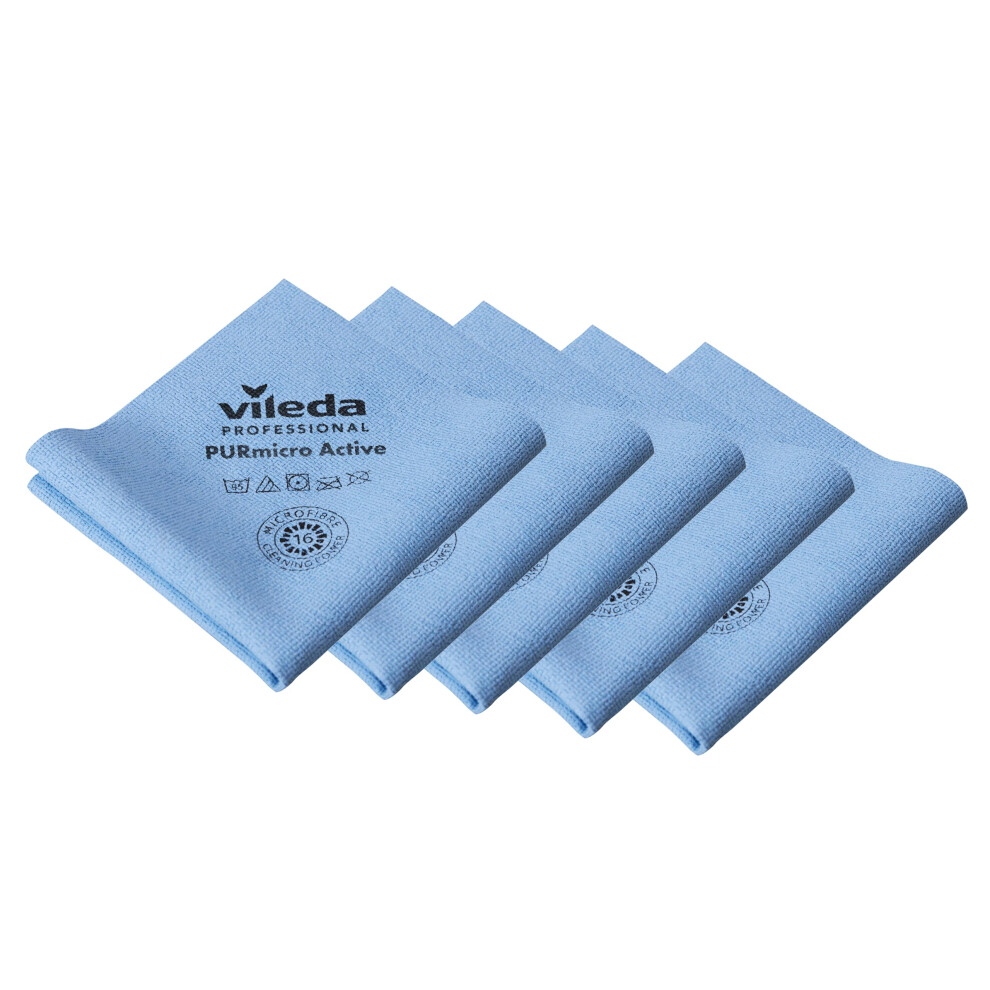 Vileda Professional Premium Microfibre Cleaning Cloths, Purmicro Active, Glass Cloths, Streak-Free Multipurpose Polishing Cloths, Pack Of 5, 38X35cm,