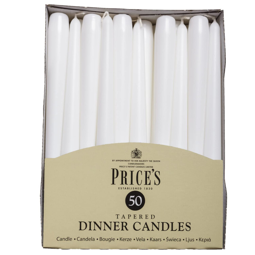 Price's White Candles - Tapered Dinner Candles - Pack Of 50 - Dripless - Unscented - 7 Hour Burn Time