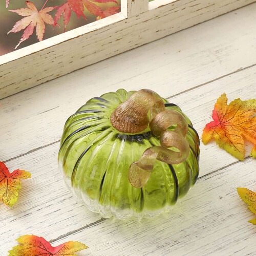 Glitzhome glitzhome 4,72 polegadas soprado  mo em dois tons verde crackle vidro abbora mesa destaque para decorao de colheita de outono 2
