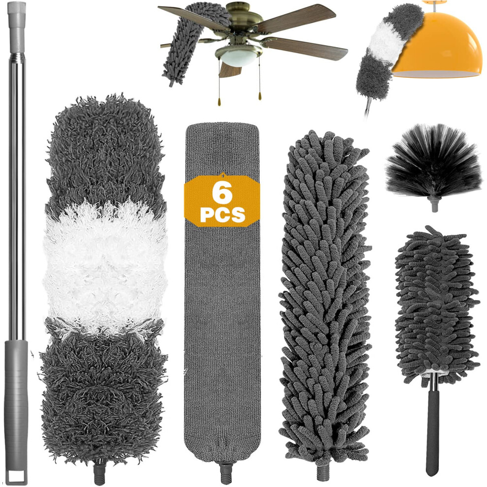 Wehers Dusters For Cleaning Extendable, 6Pcs Feather Duster With 30-100 Inch Telescopic Extension Pole, Detachable Bendable Washable And Reusable Dusters For