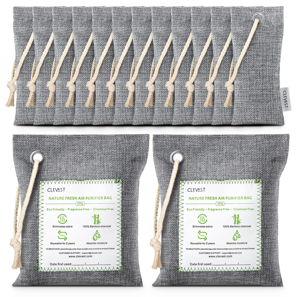Clevast Bamboo Charcoal Air Purifying Bags (50G*12+200G*2),Natural Odour Eliminator, Activated Charcoal Odour Absorber, Air Fresheners For Room,