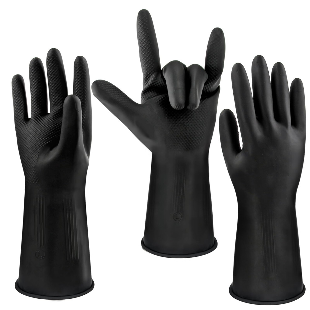 Discoball 3 Pairs Thickened Reusable Rubber Gloves, Medium - Non-Slip, Black, Long-Cuffed, Household Waterproof for Dishwashing, Kitchen Cleaning,-image-OPC-PHQHKBT-NEW