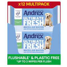 Andrex Ultimate Fresh Washlets, 12 Packs - Gentle, Biodegradable, Flushable Toilet Wipes for Everyday Hygiene, Use with Regular Toilet Roll for a