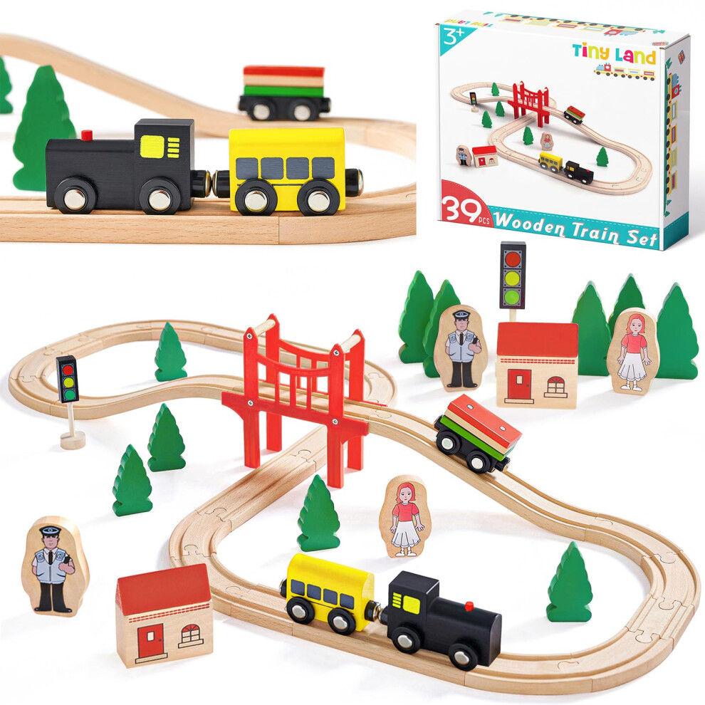 Tiny Land Wooden Train Set For Toddler - 39 Piece- With Wooden Tracks Fits Thomas/Brio/Chuggington/Melissa And Doug- Expandable, Changeable-Train Toy For 3 4 5