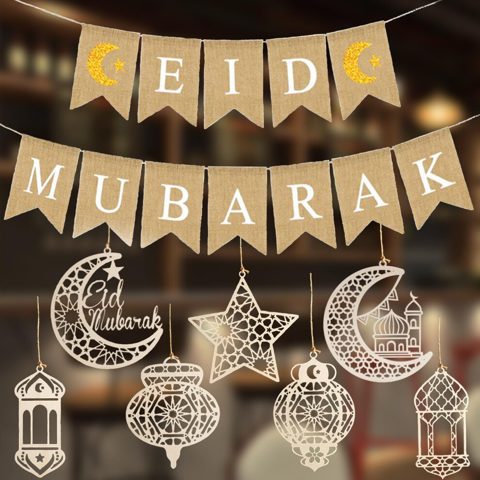Eid Decorations, Eid Mubarak Banner 7PCS Wooden Pendant Moon Star Wind Light Decorations, Eid Ramadan Decoration for Home, Eid Ornament Mubarak-image-OPC-PHQHN2X-NEW