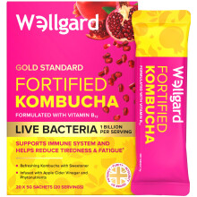 Wellgard Fortified Kombucha, Vegan Probiotic Drink Sticks, 1 Billion CFU Bacillus Coagulans, Prebiotics, Vitamin B?? for Immune & Energy, 20 Sticks