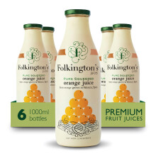 Folkington's Fruit Juice, Orange Juice, 6 Glass Bottles, Pure Squeezed Orange Juice, Bulk Pack 6 x 1 Litre
