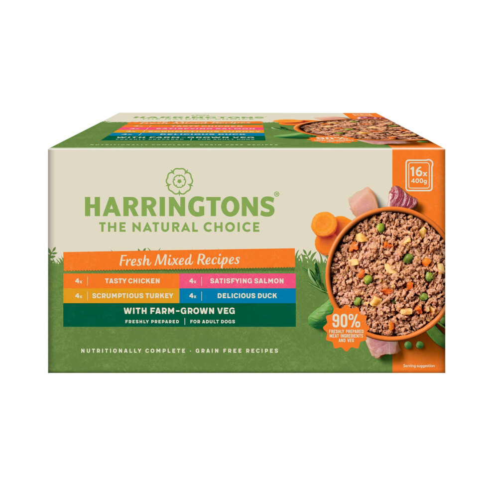 Harringtons Complete Wet Tray Grain Free Hypoallergenic Adult Dog Food Mixed Bumper Pack 16X400g - Chicken, Salmon, Turkey & Duck - Made With All