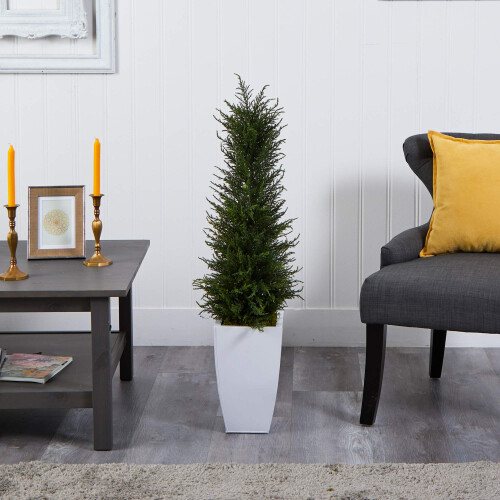 3.5 Cypress Artificial Tree in White Metal Planter UV Resistent (indend?rs/udend?rs) 1