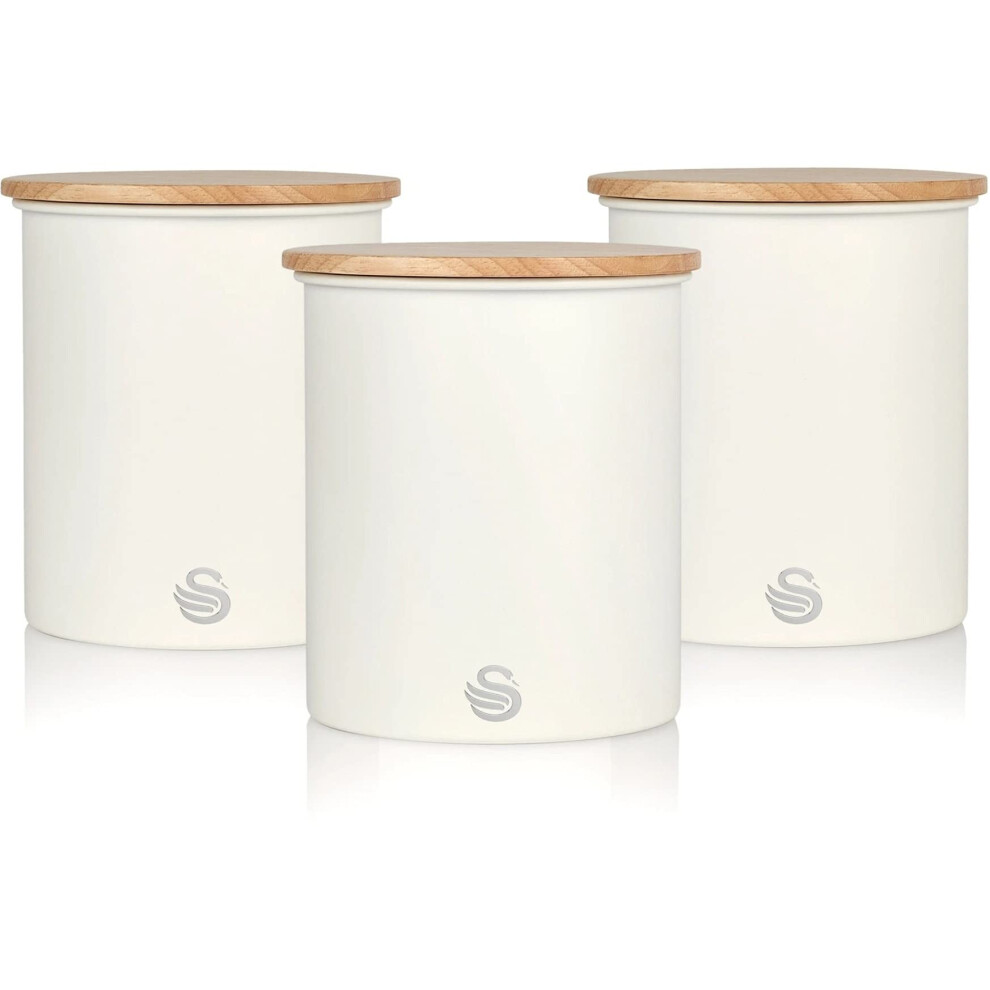 Swan Nordic Scandi Set Of 3 Storage Tea Coffee Sugar Canisters Cotton Steel White