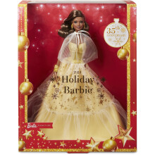 Poup   e Barbie Signature 2023, objet de collection pour les f   tes, robe dor   e, cheveux ch   tain fonc   , support et emballage d'exposition