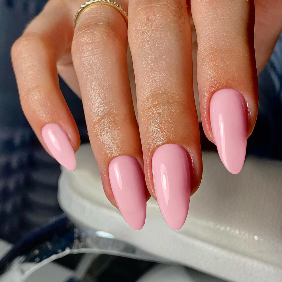 Xcreando Pink 48Pcs Press On Almond Nails - Medium Length Stiletto & False Nails Thick Natural Acrylic Gel Finish