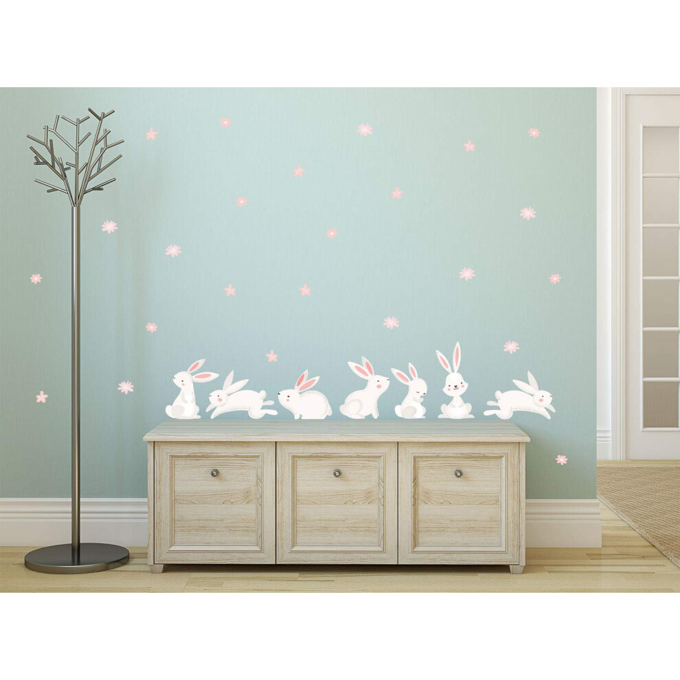 Sunny Decals Cute Bunny Rabbits And Flowers Removable Fabric Wall Stickers (Set Of 7 Bunnies And 24 Flowers Multicolor)