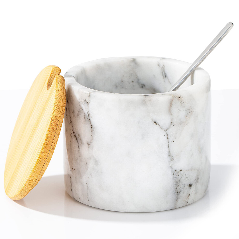 Salière en marbre NHKRTE avec couvercle et cuillère 11 oz Bols à sel et à poivre Fabriqués à la main en marbre naturel Intérieur lisse (Blanc)