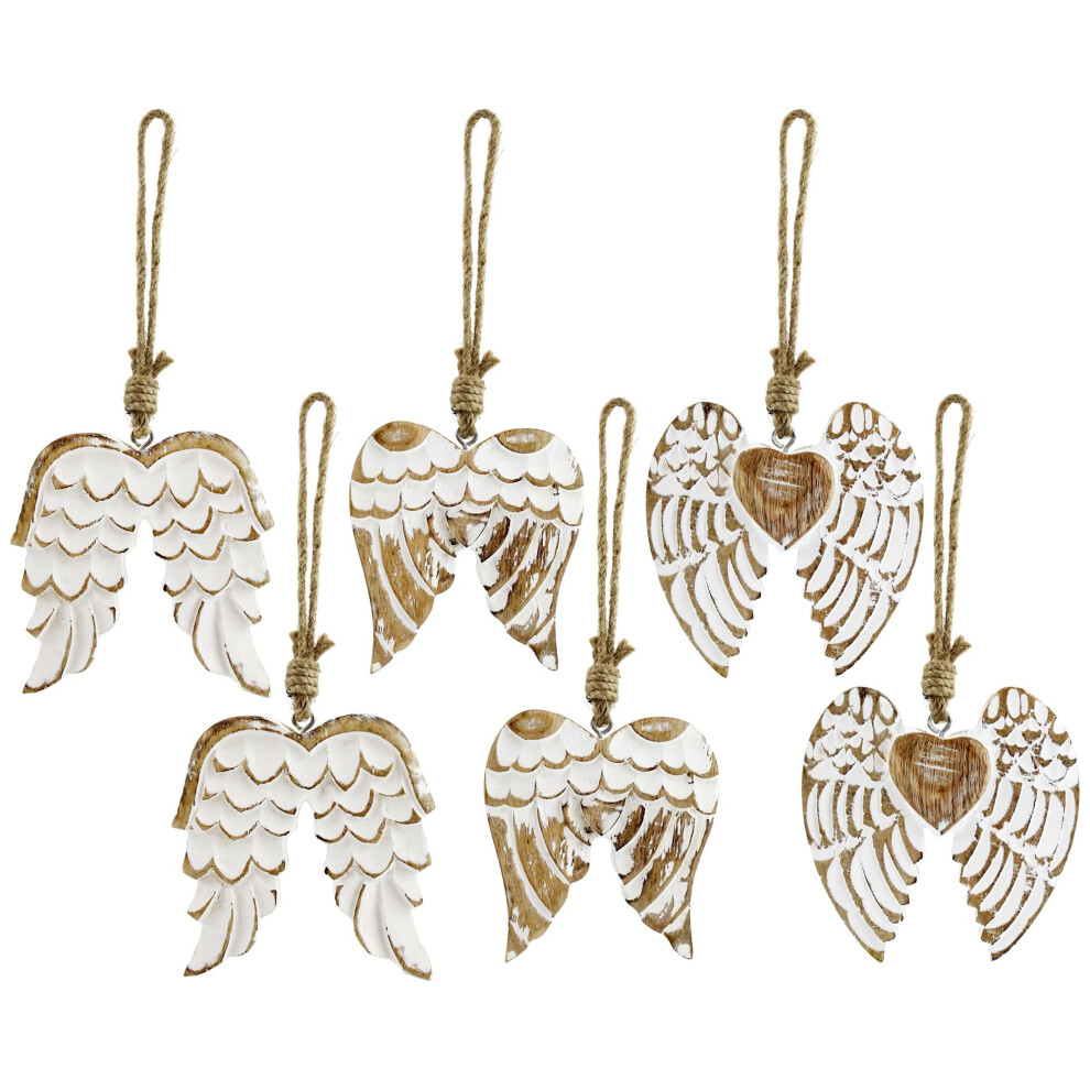 AuldHome Design Angel Wing Wooden Ornaments (Set of 6); Farmhouse Rustic Carved Wood Christmas Decorations