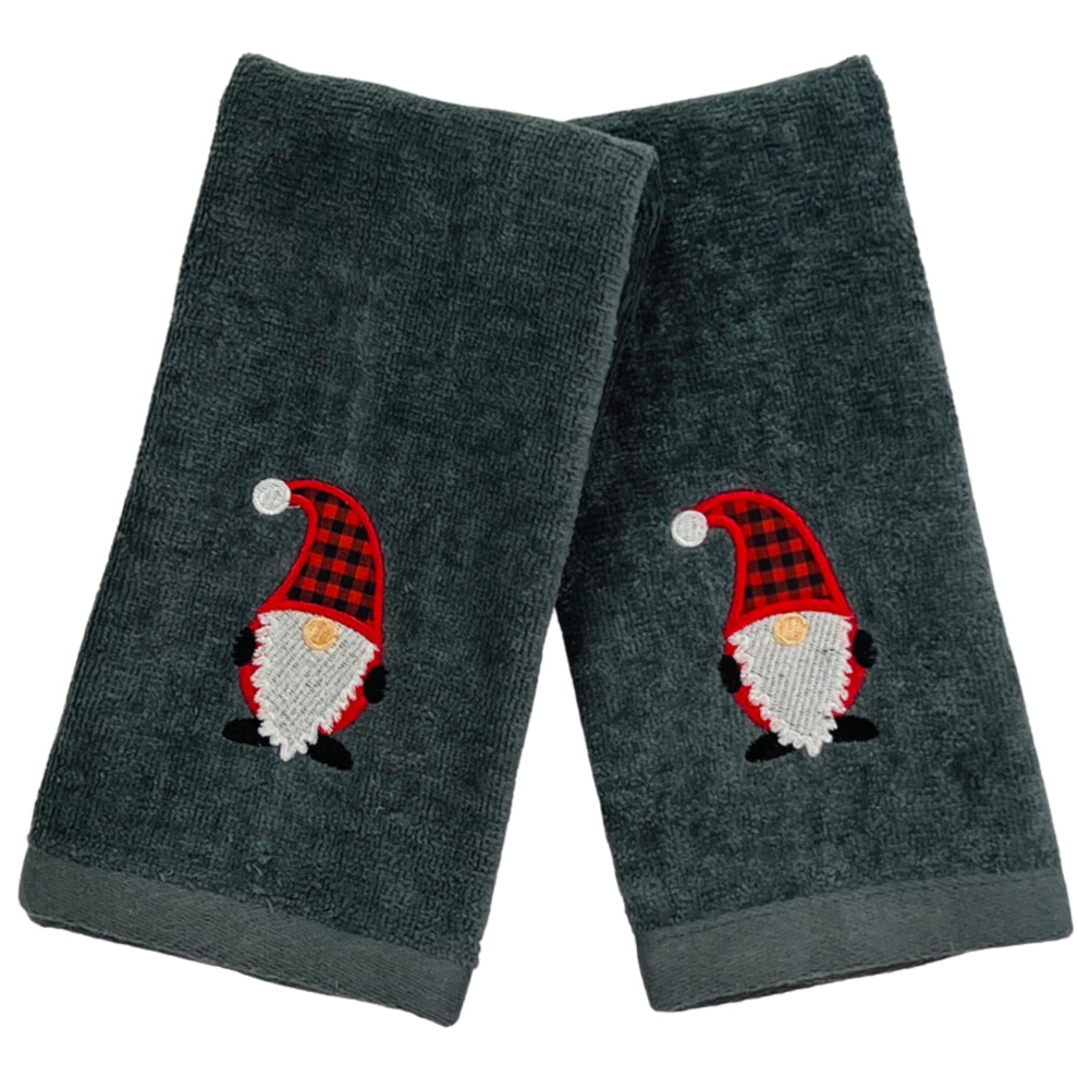 Ensemble de serviettes de No   l Gnomes : Serviettes de toilette gris fonc    avec broderie rouge et blanche Jolly Nordic Gnome Lot de 2