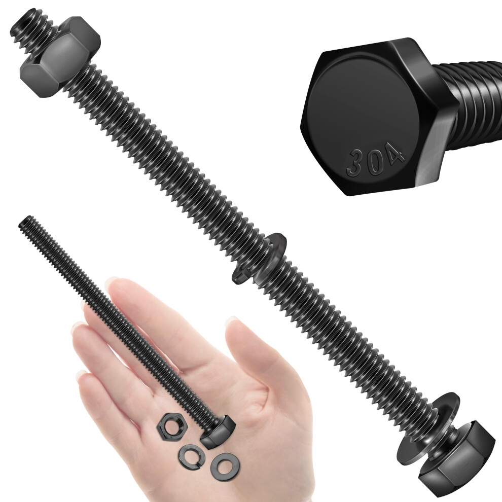 Mywish (10 Sets) 1/4-20 x 4 Hex Head Stainless Steel Bolts and Nuts with Flat & Lock Washers  304 Stainless Steel 18-8  Fully Threaded  Black Oxide  1-image-OPC-PGSJ627-NEW