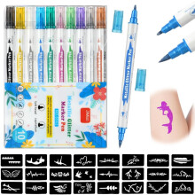 Tijdelijke Tattoo-pen, 10-delige Dubbelzijdige Glitter Tattoo-Penset met Stencils van 24 Verschillende Patronen, Glinsterende Body Tattoo-markers