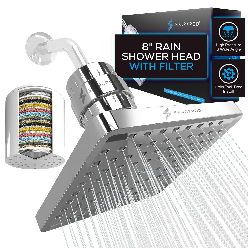 Sparkpod Luxury Filtered Shower Head Set 23 Stage Shower Filter - Reduces Chlorine And Heavy Metals - High Pressure Showerhead Filter (8"" Square Lux
