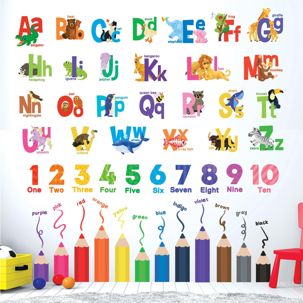 Decowall Sg3-2316 Alphabet Numbers And Colouring Pencils Wall Stickers Decals Classroom Kids Playroom Art Play Room Rainbow Abc Decorations Toddler Co