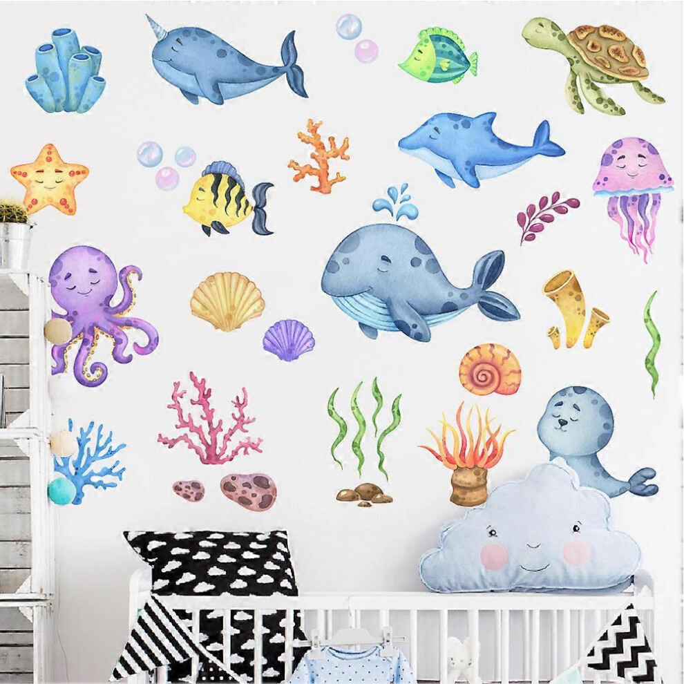 (As show, One size) Under the Sea Wall Stickers Tropical Wall Sticker Fish Jellyfish Ocean Wall Decor Bedroom Kids Baby Nursery Bathroom