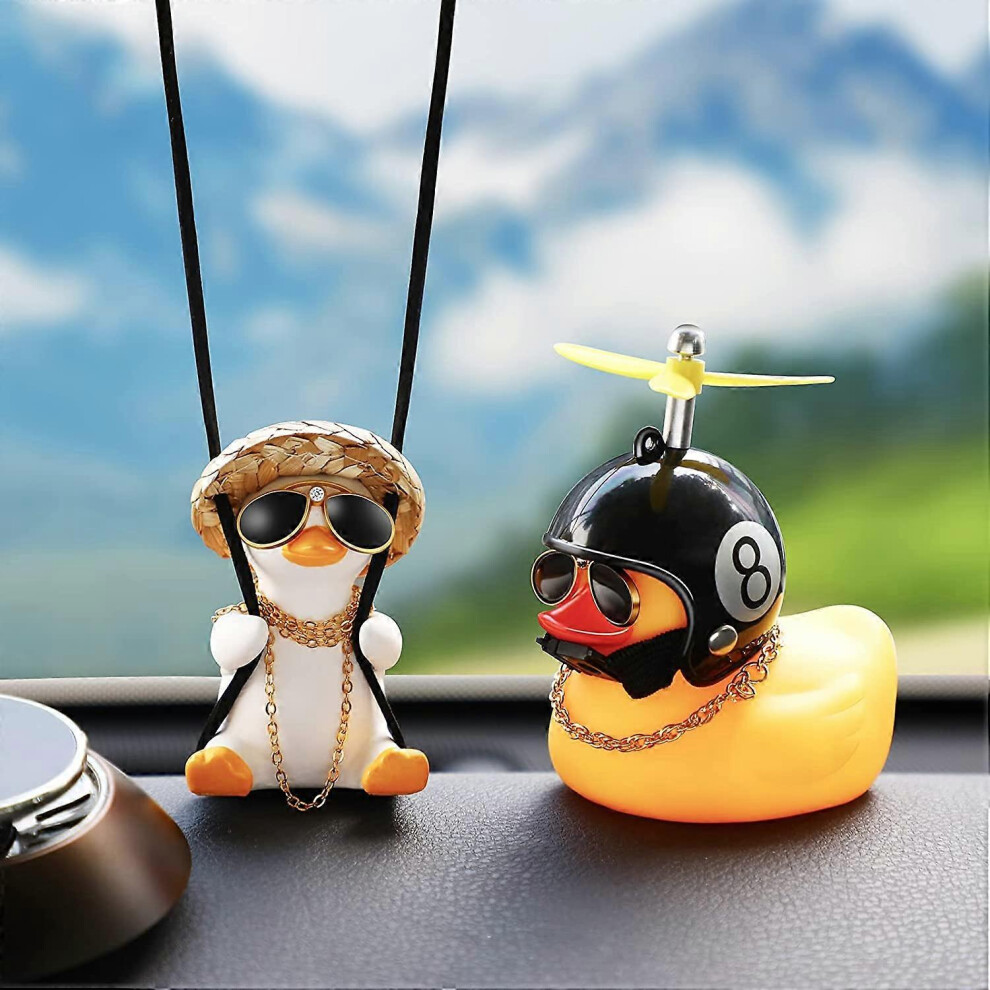 (As Show, One Size) 2 Swinging Duck Car Hanging Ornaments Rubber Duck Car Ornament With Propeller Helmet Duck Car Rearview Mirror Pendant (Cool Yellow