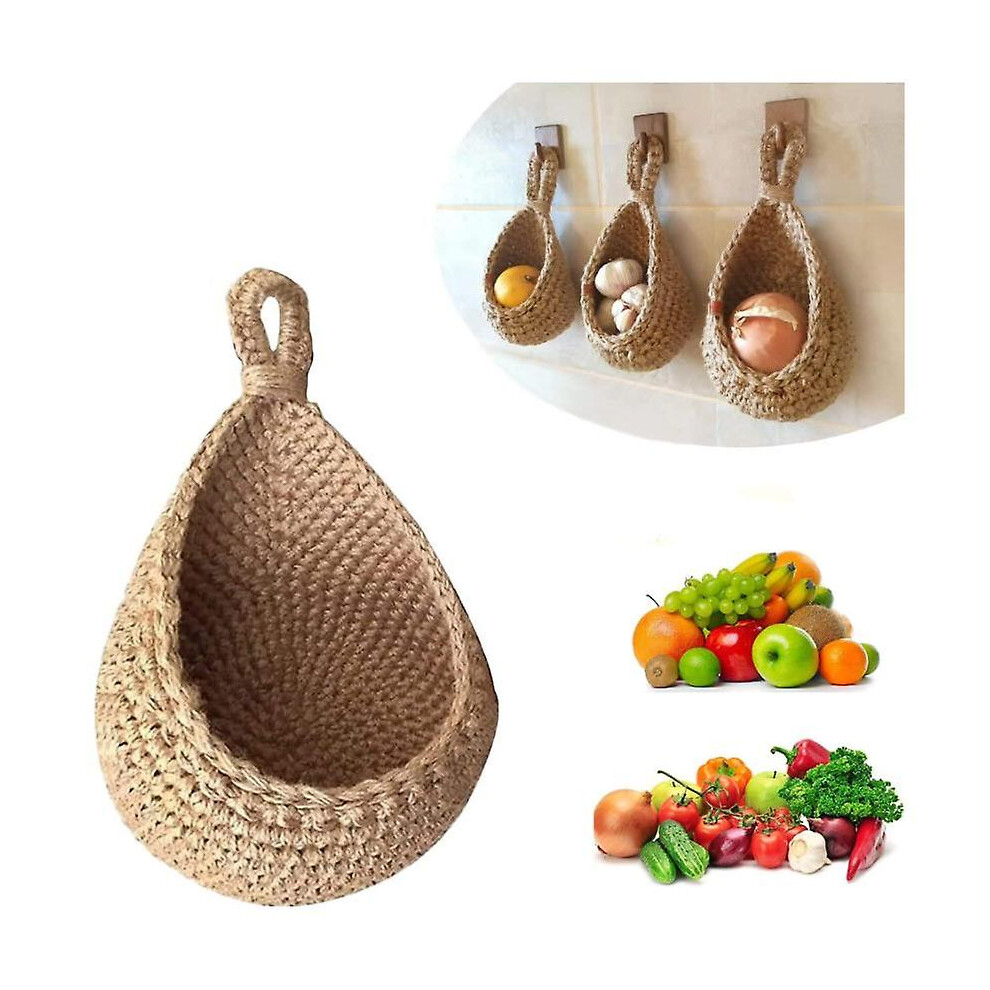 (As show, One size) Wall-mounted Fruit And Vegetable Basket, Hand Woven Jute Teardrop Fruit And Vegetable Basket, Kitchen Hanging Storage Basket (m)