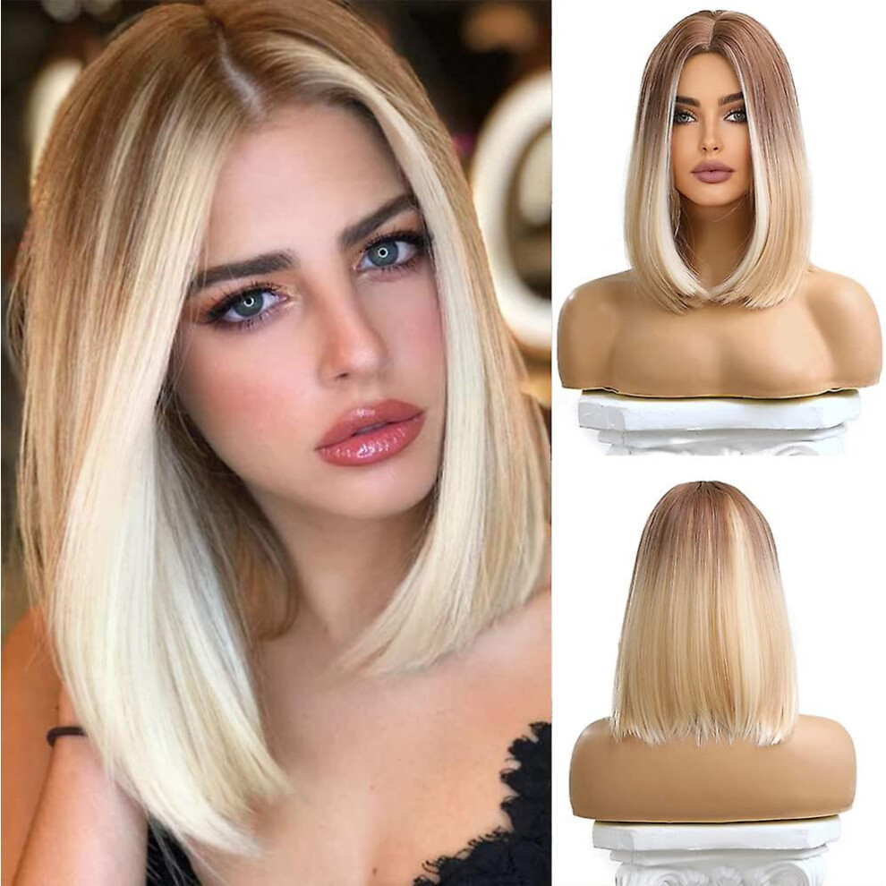 (As Show, One Size) Short Straight Ombre Blonde Bob Synthetic Hair Wigs With Roots For Daily Party Cosplay Use Dark