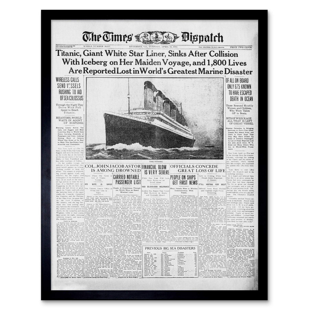 Newspaper Front Sheet Page Titanic Disaster 1912 Times Despatch Art Print Framed Poster Wall Decor 12x16 inch