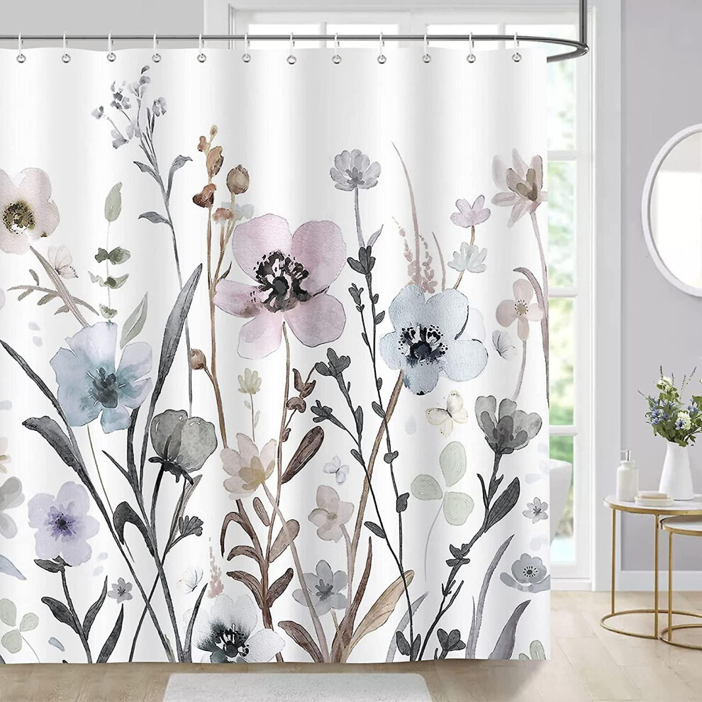 (As show, One size) 180 X 180 Cm With 12 Hooks For Bath Shower Curtain Watercolor Flowers Bath Curtain Polyester Fabric Mildew Proof Waterproof Washab