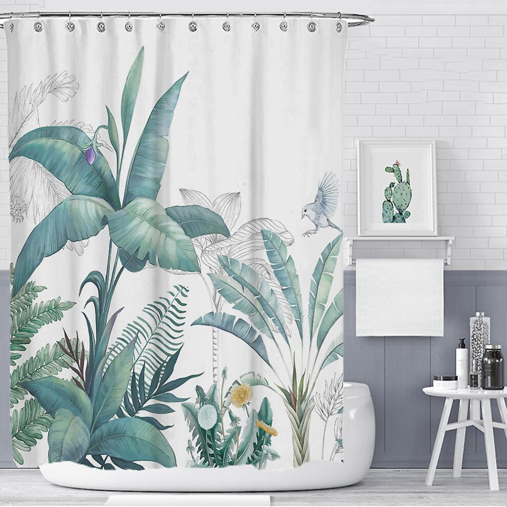 (As Show, One Size) 180 X 180 Cm With 12 Hooks Shower Curtain Banana Leaf Tropical Plants Bath Curtain Polyester Fabric Mildew Proof Waterproof Green