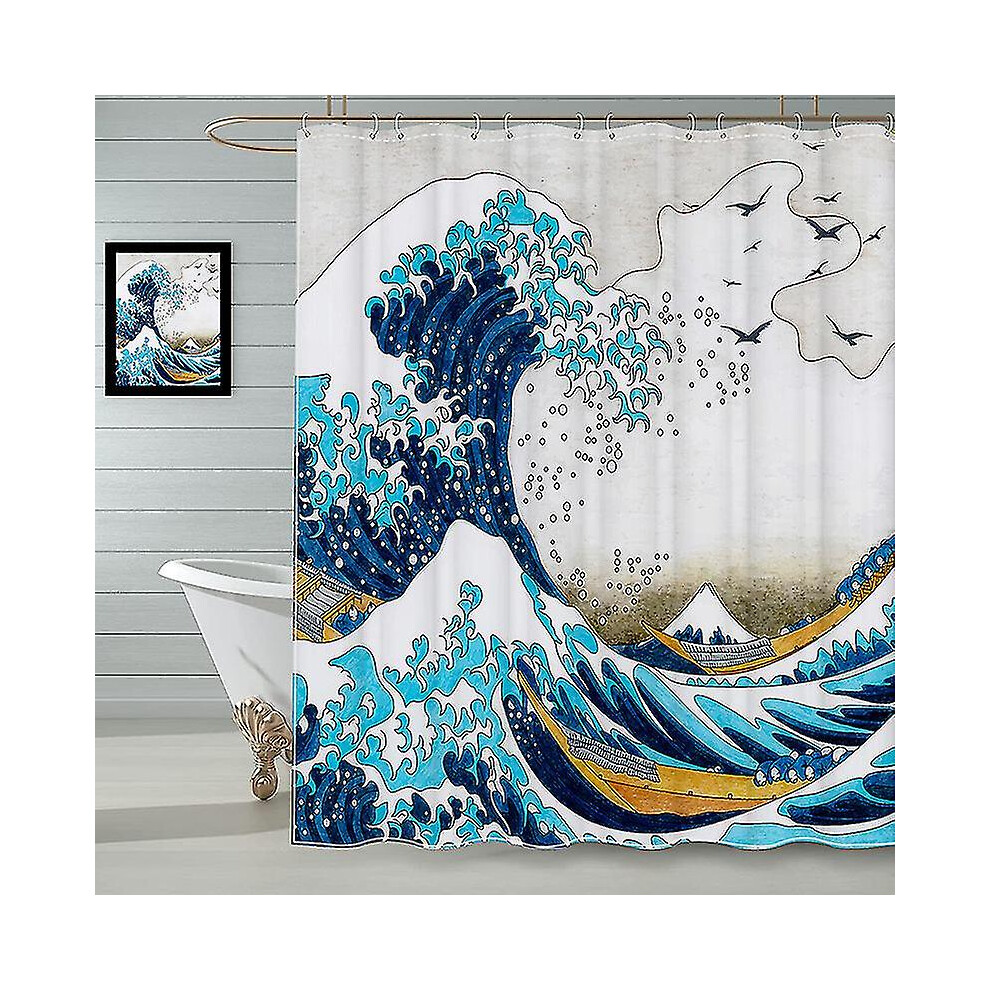 (As show, One size) Kanagawa Japanese Wave Shower Curtain 180 X 180 Cm Bath Curtain Polyester Fabric Mildew Proof Waterproof Washable Bathroom Curtain