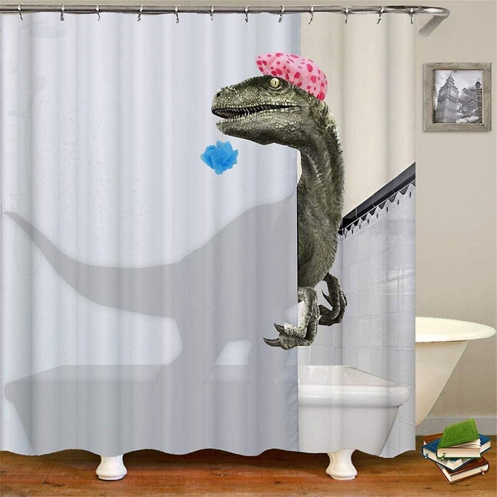 (180x200cm, One size) 180x180cm 3d Bathing Dinosaur Shower Curtain With 12 Hooks White Waterproof Mildew Resistant Fabric Curtain For Bathroom