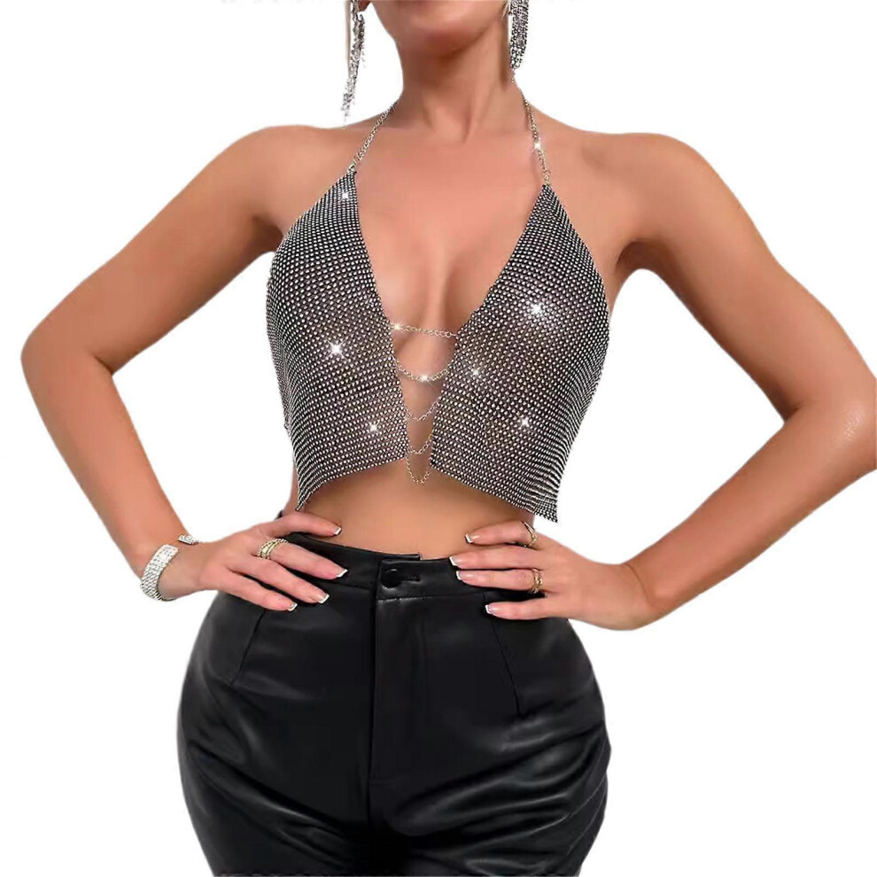 (L, One Size) Womens Sexy Sparkly Rhinestones Fishnet Tank Top Halters Crop Top Shirt For Nightclub Party Raves Outfit Gifts Black S 7683012612374