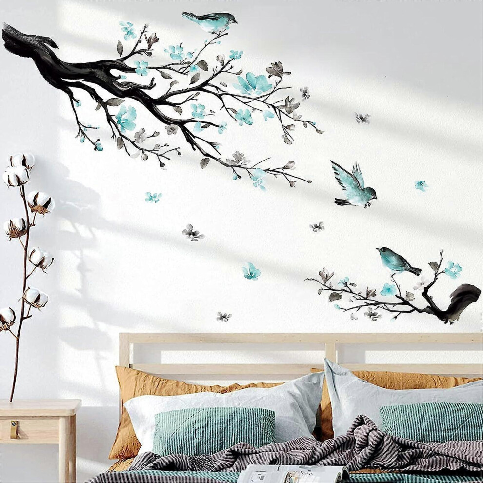 (As show, One size) Flower Branch Wall Stickers Wall Sticker Blue Flowers Tree Birds Wall Decor Kids Bedroom Living Room