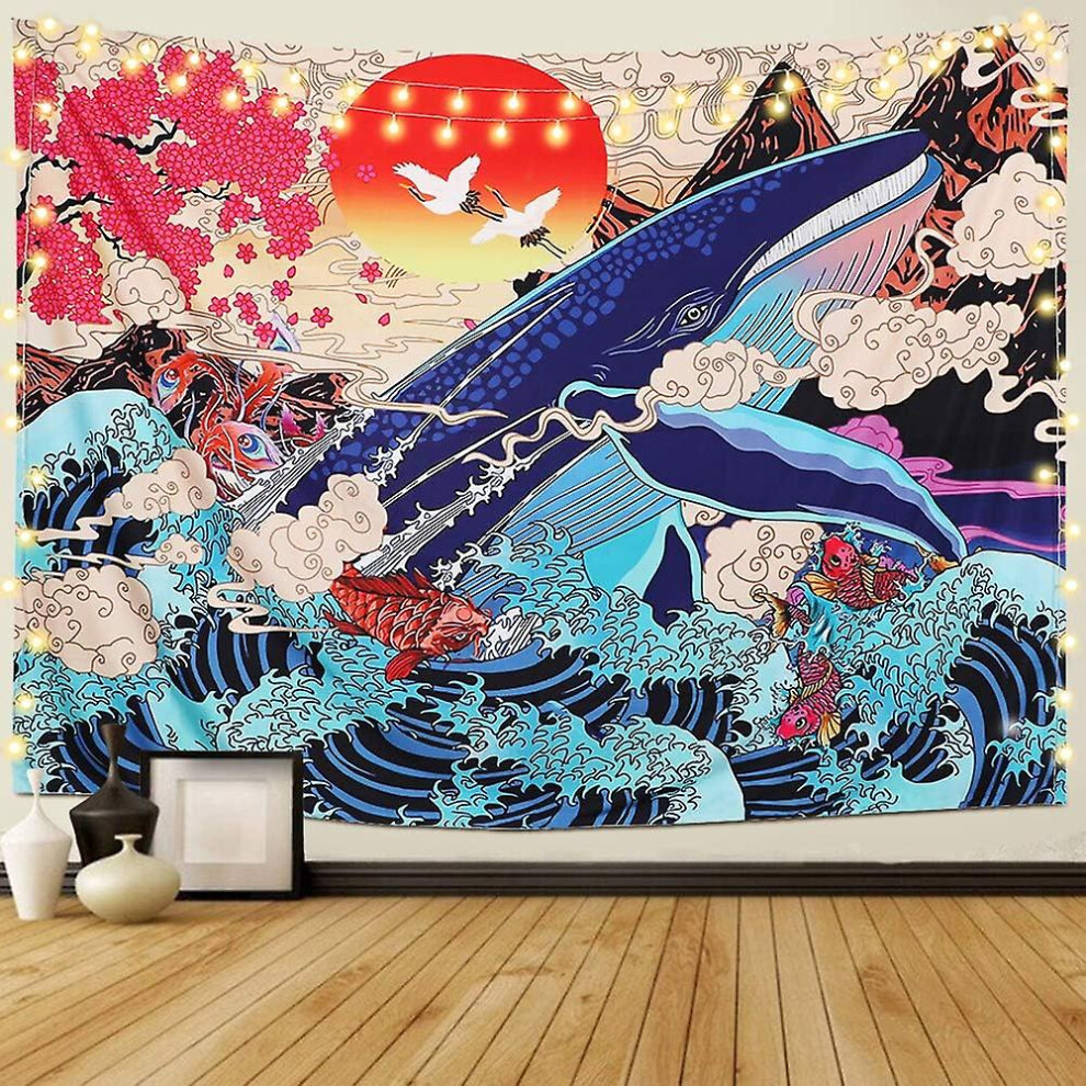 (150cm x 130cm, One size) Japanese Ukiyo-e Tapestry  Wallpaper Wave Sea Koi Large Whale Sunset Animal Landscape Decorative Tapestry Living Room