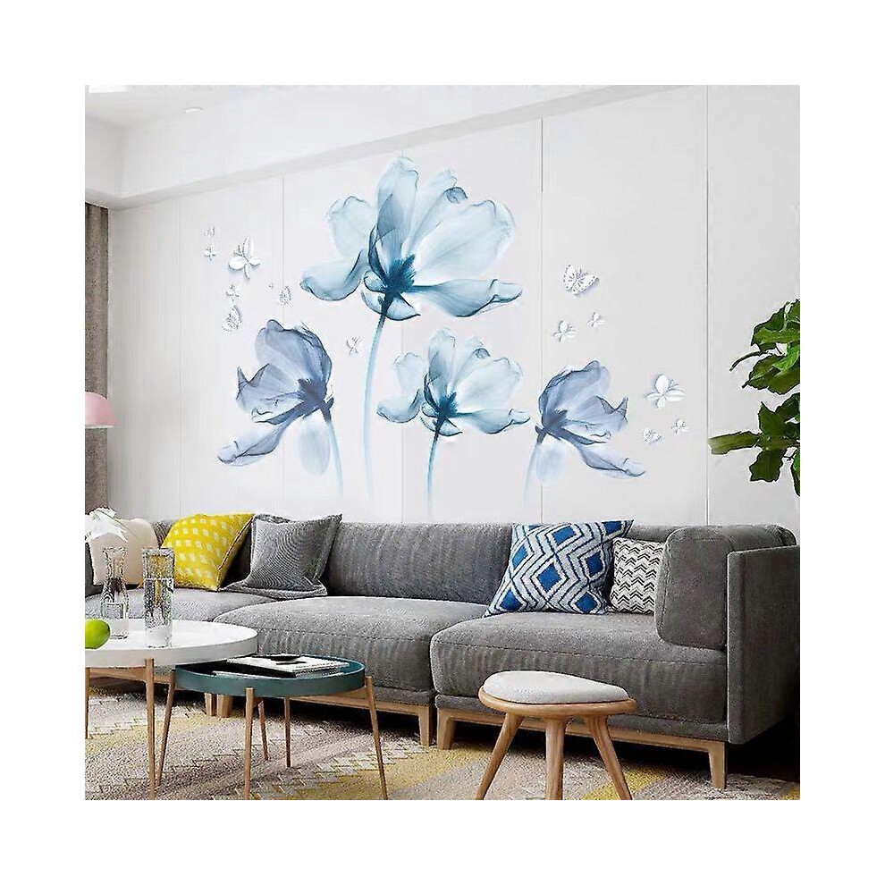 (As show, One size) Blue Flowers Wall Stickers Large Wall Sticker Blue Flowers Poppy Plant Wall Decoration Living Room Bedroom Bathroom