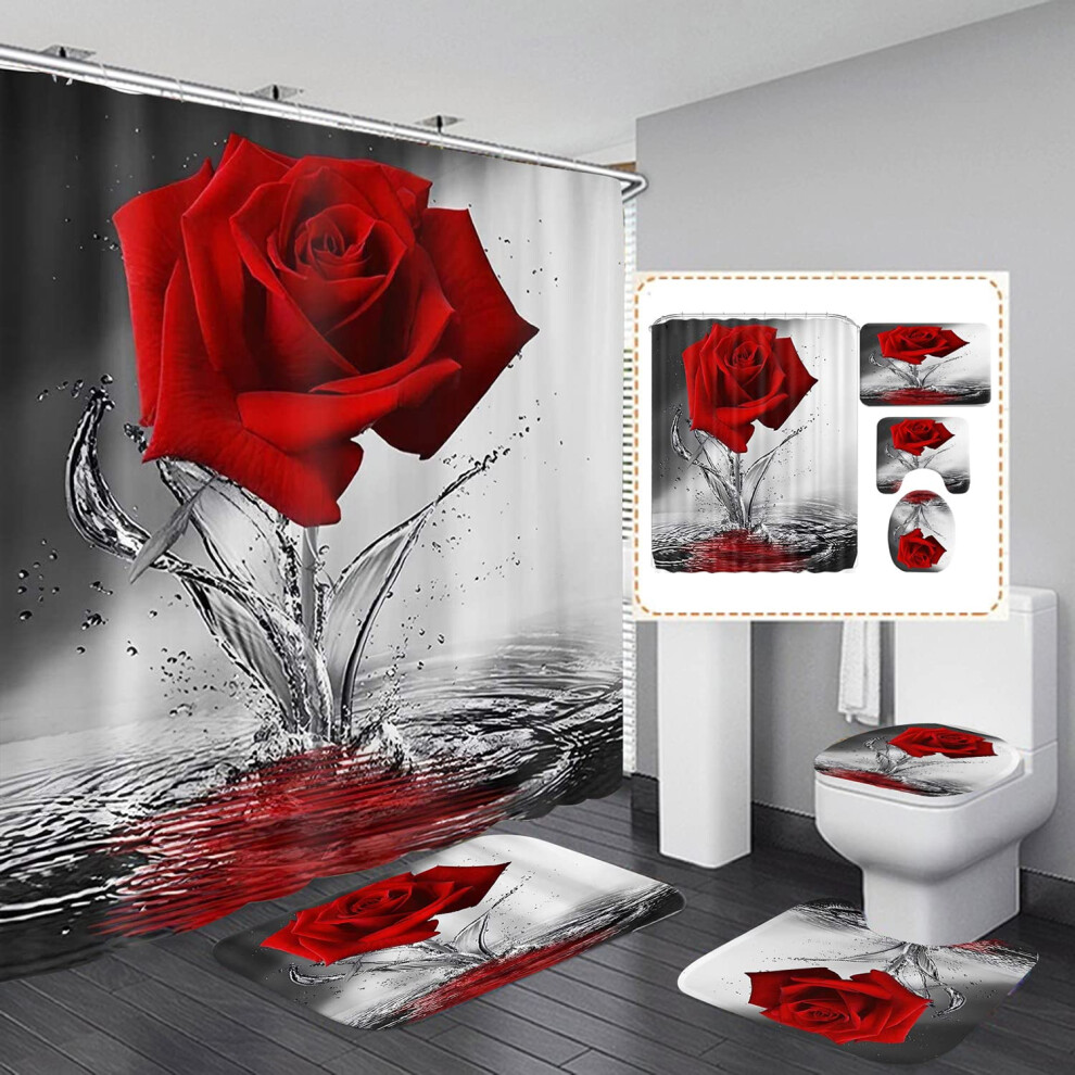 Omebero Lot de 4 rideaux de douche motif roses rouges, motif romantique, d   coration de salle de bain de No   l, avec rideau de douche, tapis, houss