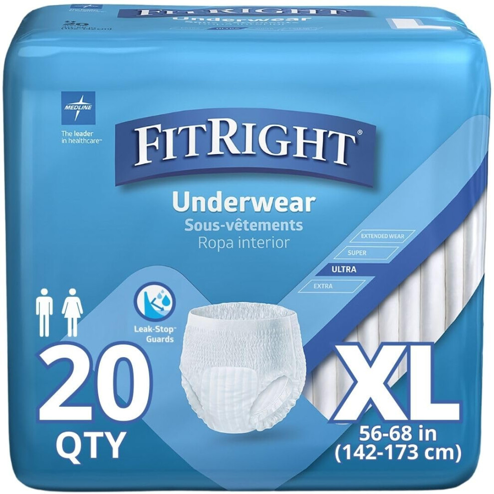 Medline Fitright Ultra Protective Incontinence Underwear Heavy Absorbency Xl 56 To 68"""" 20 Count