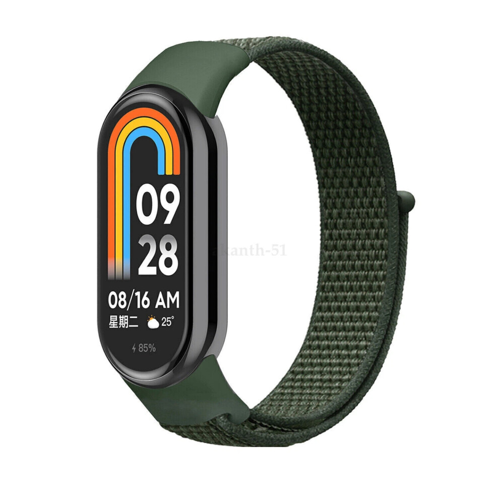 (Army For Mi Band 8) Replacement Nylon Loop Strap For Xiaomi Band 8 Nfc Smart Bracelet Wristband Hot Green 6963793826803