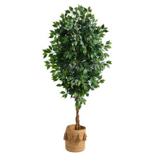 6 Ficus kunstboom met natuurlijke stam in handgemaakte natuurlijke jute plantenbak met kwastjes